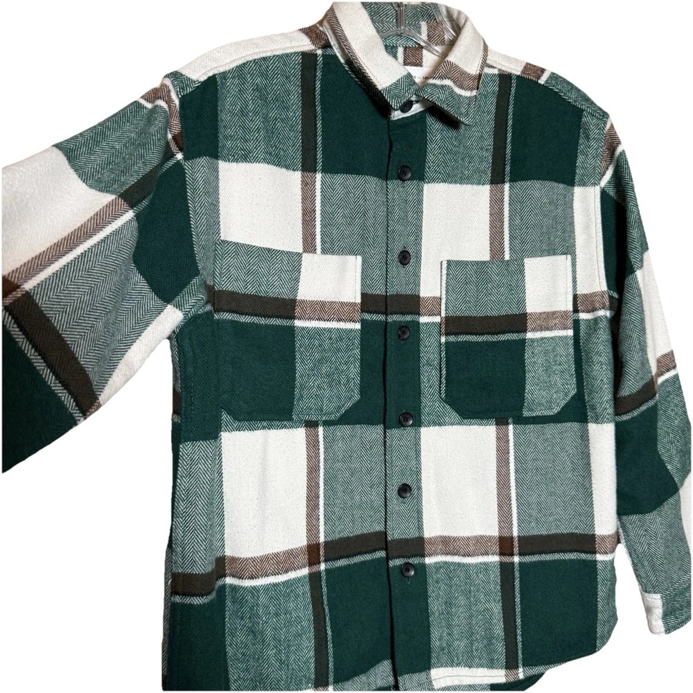 Zara Flannel Plaid Shirt Kids 9-10 Green Excellent Herringbone Shacket